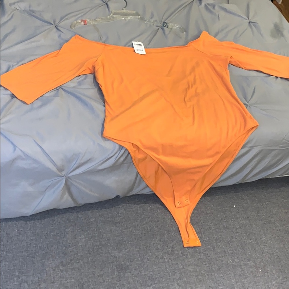 orange off shoulder 3/4 length sleeve bodysuit